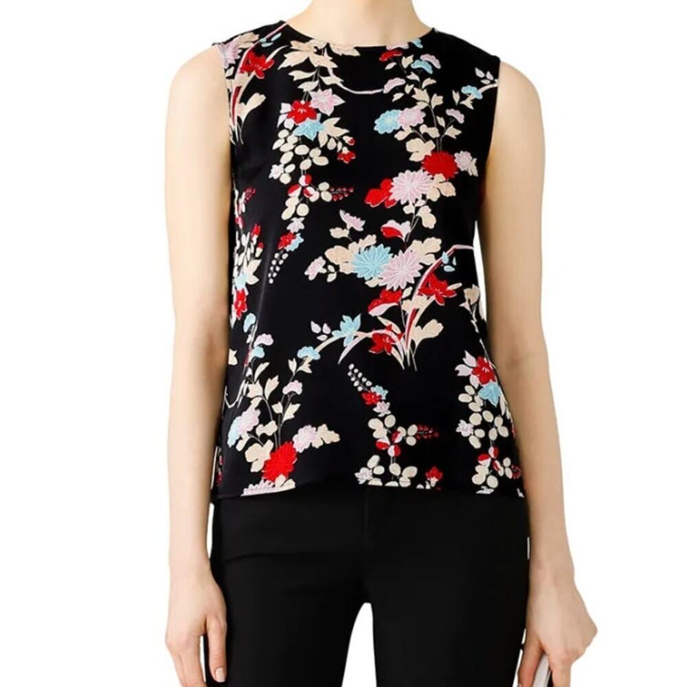 Diane von Furstenberg 100% Silk Walden Black Floral Blouse Tank Top • Size L